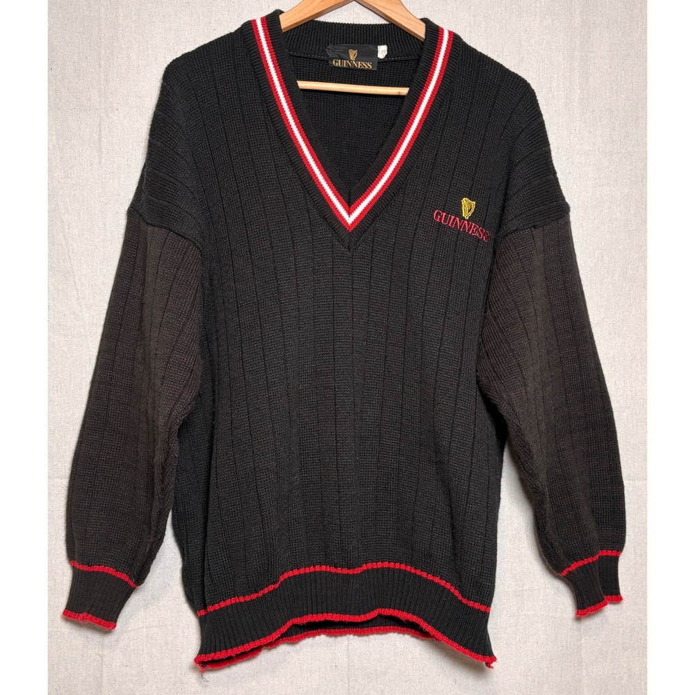 Vintage‎ Guinness Mens XL V-Neck Sweater Black Red White Made in Ireland Acrylic